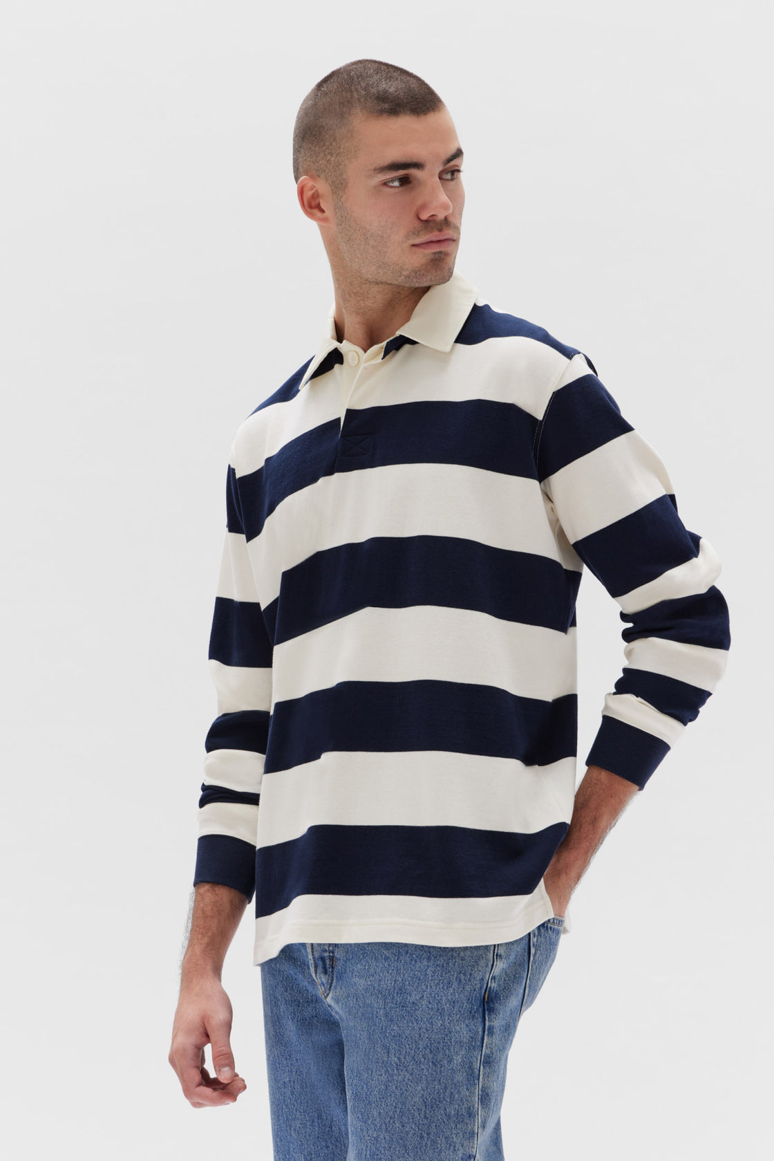 Assembly Label | Wade Striped Long Sleeve Polo - True Navy/White