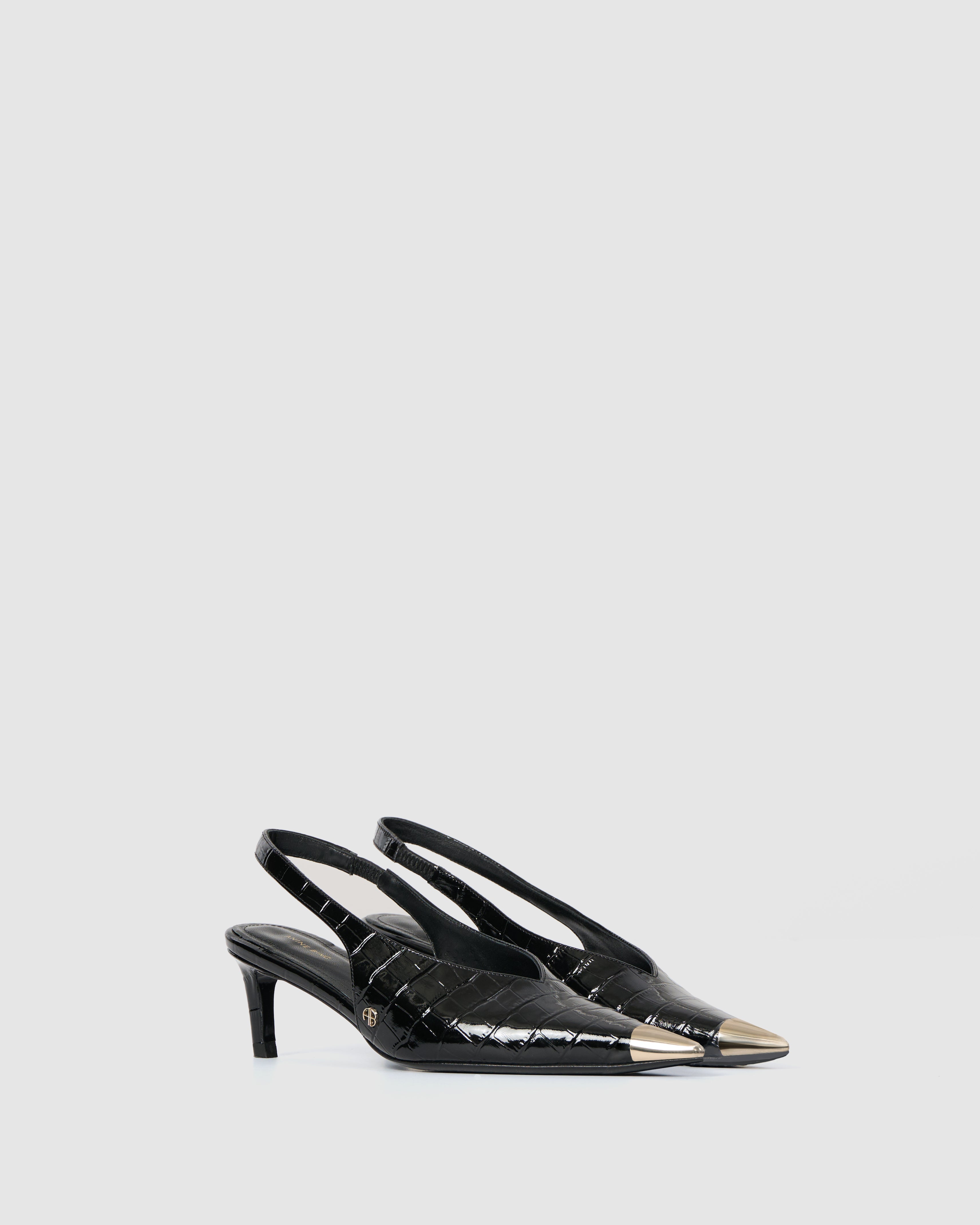 Anine Bing | Nina Heels With Metal Toe Cap - Black Embossed