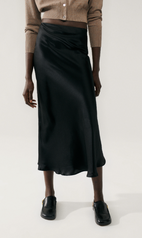 Silk Laundry | Long Bias Cut Skirt - Black Satin