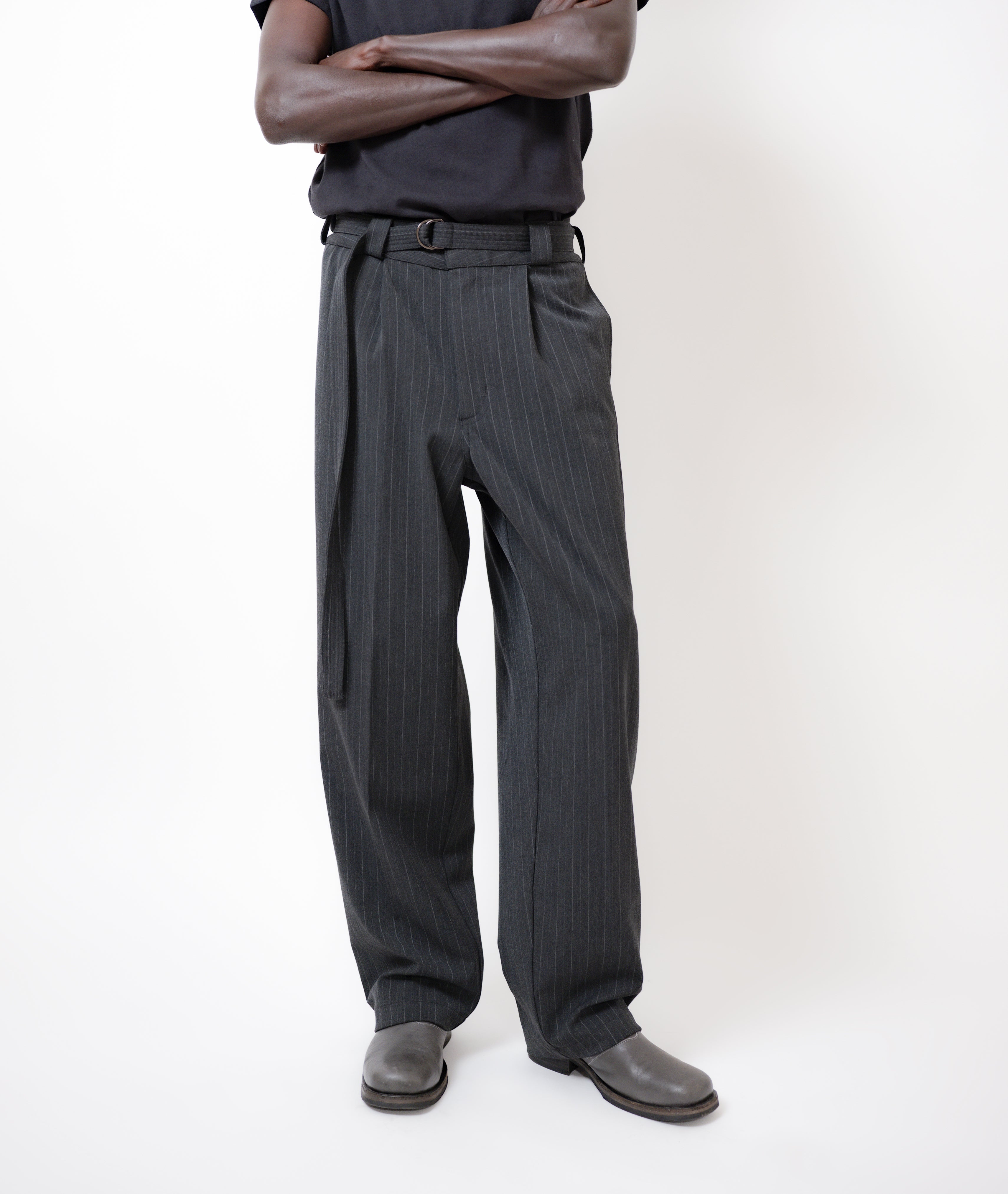Beach Brains | Pleated Suit Pant - Charcoal Pinstripe