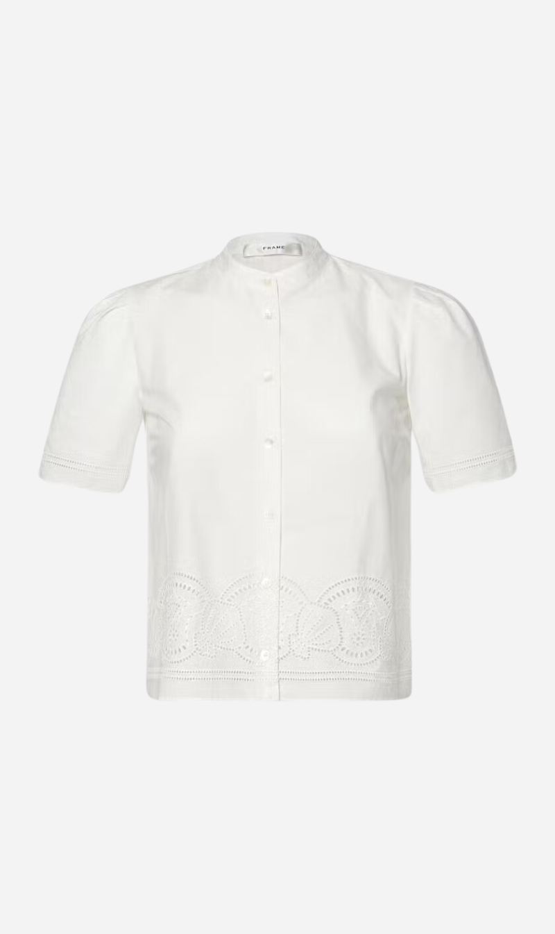 Frame | Embroidered Short Sleeve Shirt - White