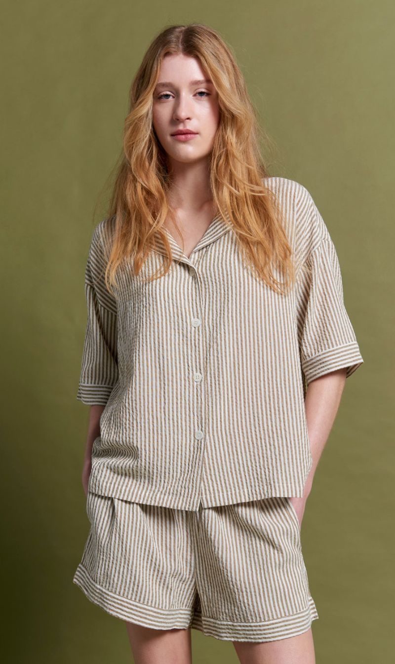 Papinelle x Karen Walker | Seersucker Stripe Boxer PJ Set - Nutria