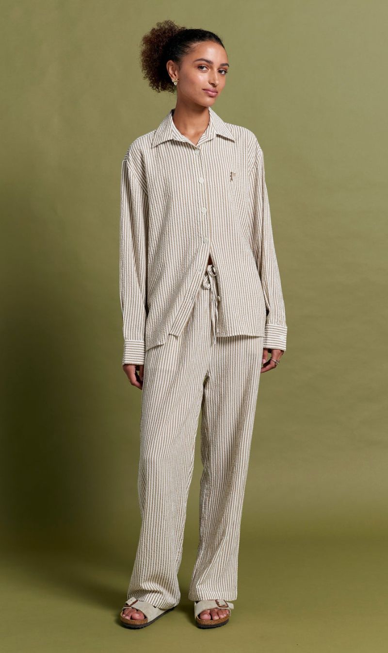 Papinelle x Karen Walker | Seersucker Stripe Full Length PJ Set - Nutria