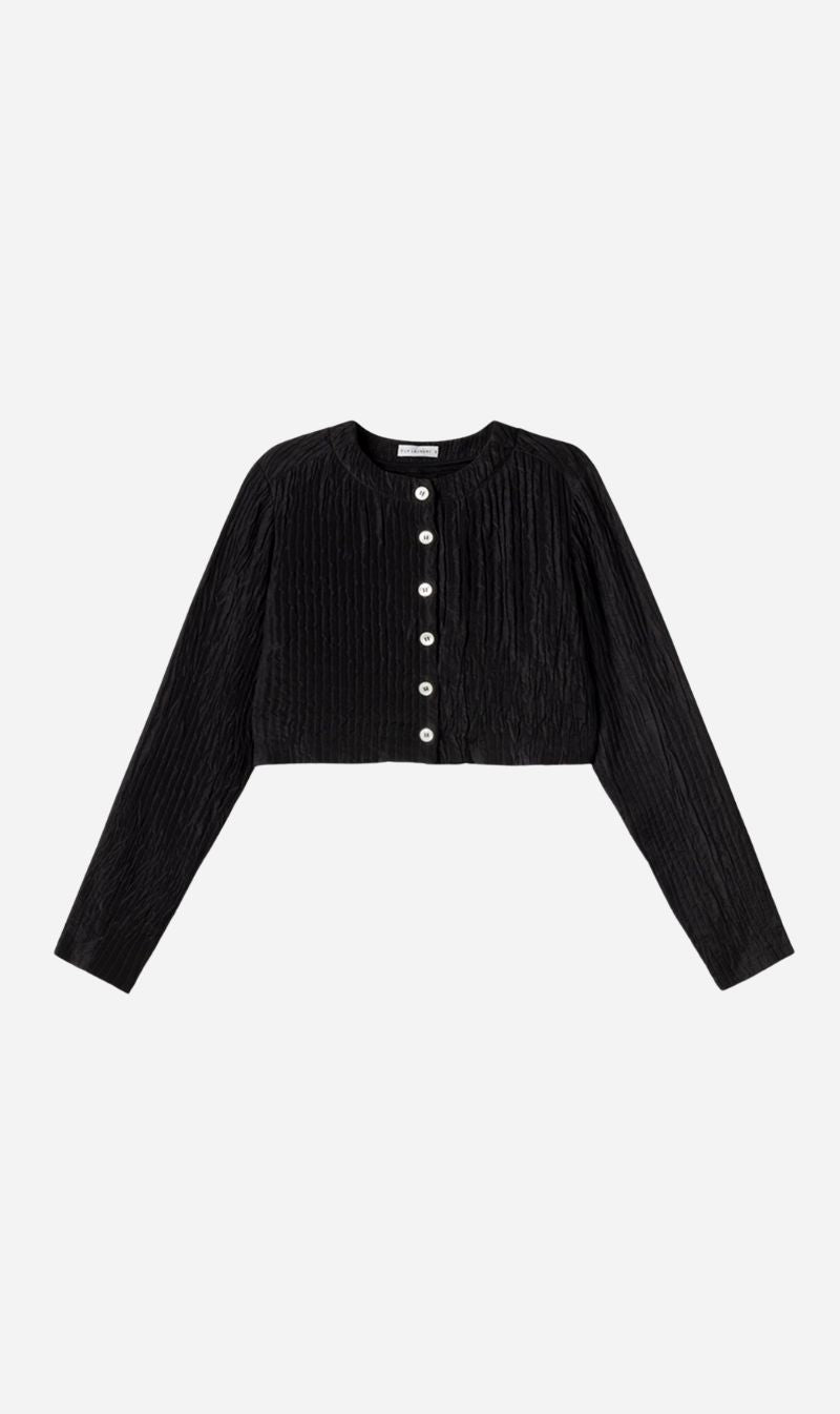 Silk Laundry | Crinkle Collarless Crop Shirt - Black