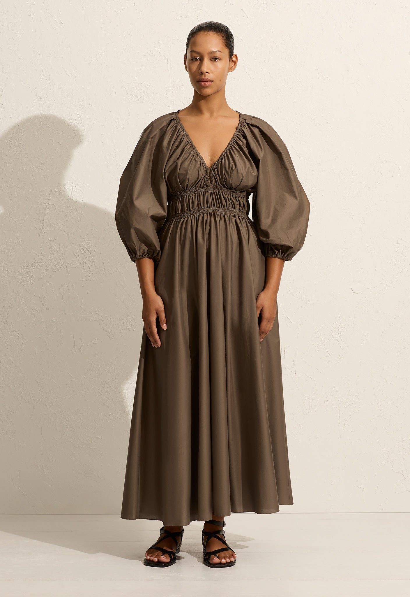 Matteau | Shirred Plunge Button Dress - Birch