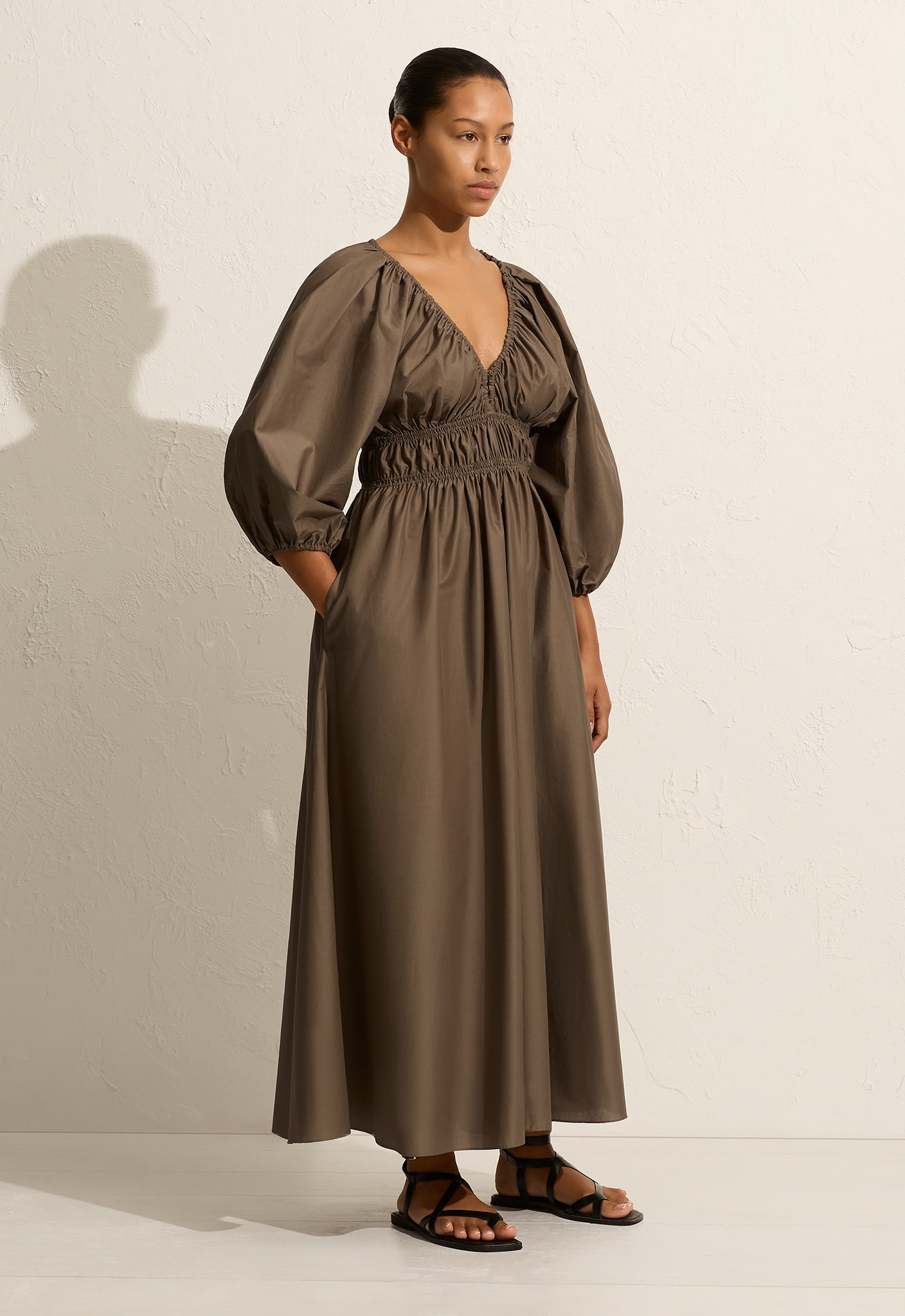 Matteau | Shirred Plunge Button Dress - Birch