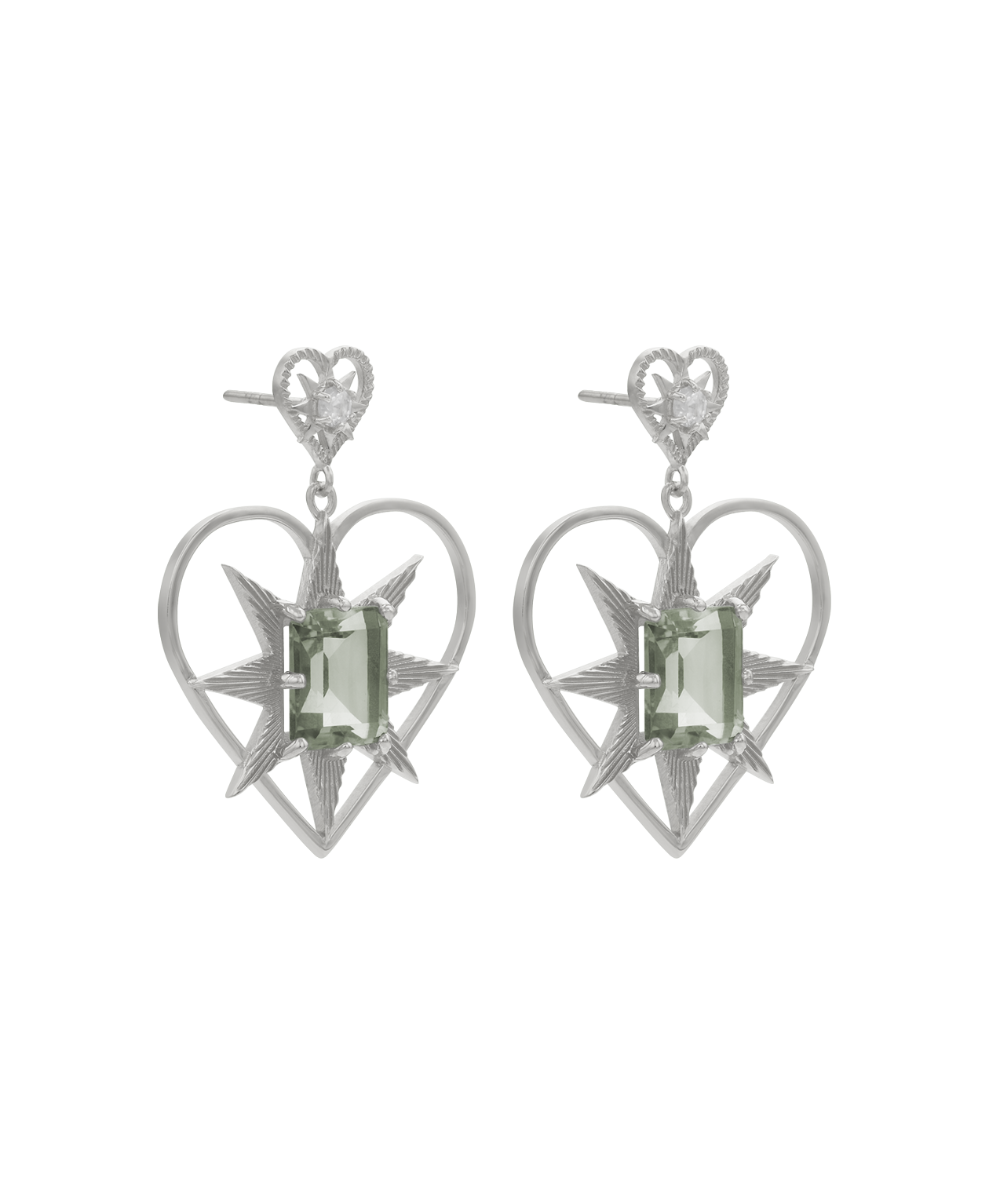 Zoe & Morgan | Shining Heart Earrings - Silver/White Zircon & Green Amethyst