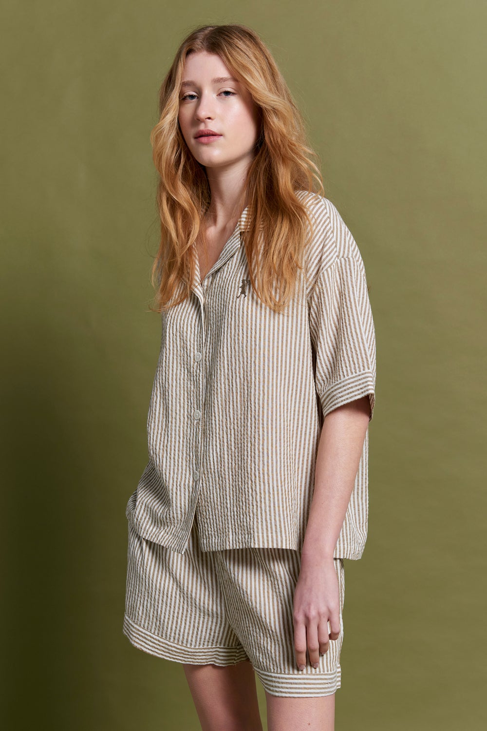 Papinelle x Karen Walker | Seersucker Stripe Boxer PJ Set - Nutria