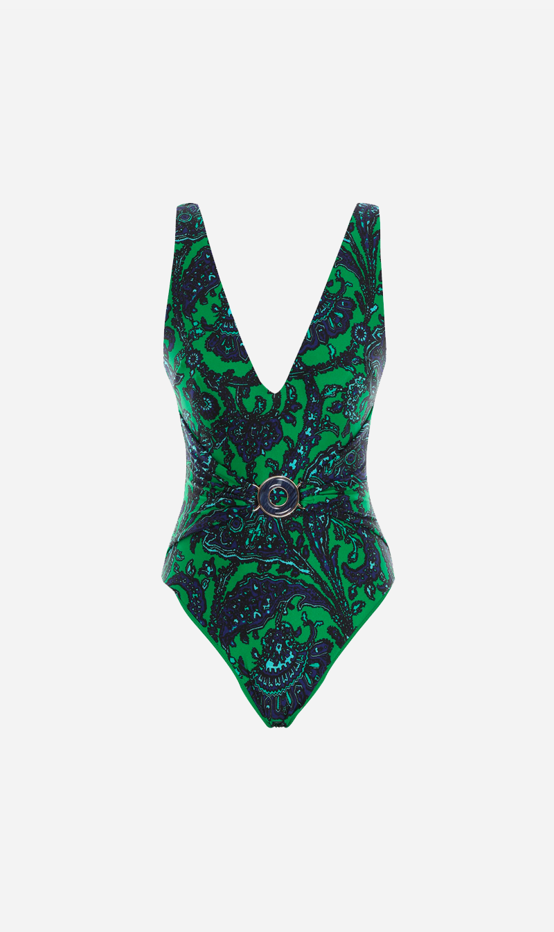 Zimmermann | Tiggy Plunge Circle Swimsuit - Navy/Green Paisley